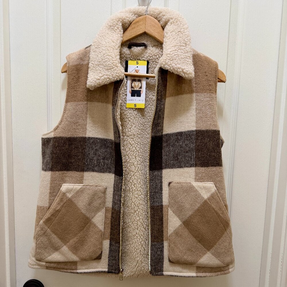 Sanctuary Women's Sherpa Lined Vest S Brown Plaid Soft Warm Cozy Heavyweight NEW